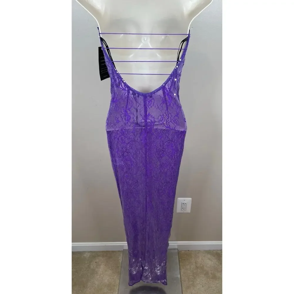 RETROFETE Lucia Sequin Strapless Bodycon Lace Sheer Purple Maxi Dress Size XXS - Picture 10 of 12